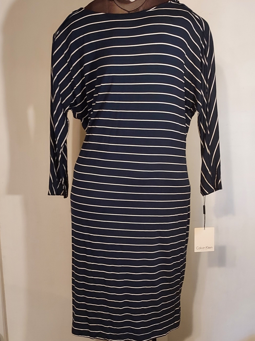 Calvin Klein Navy and White Long Sleeve Striped Dress